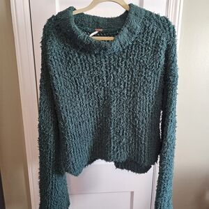 Free People Textured Teal Cowl Neck Sweater